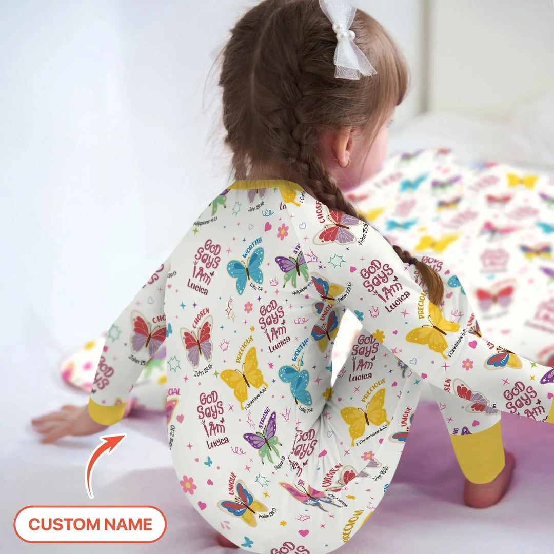 God Says I Am Custom Name Girl Two Piece Long Sleeve Pajama Set , God Says I Am Custom Name Girl Two Piece Long Sleeve Pajama Set - 12-18M