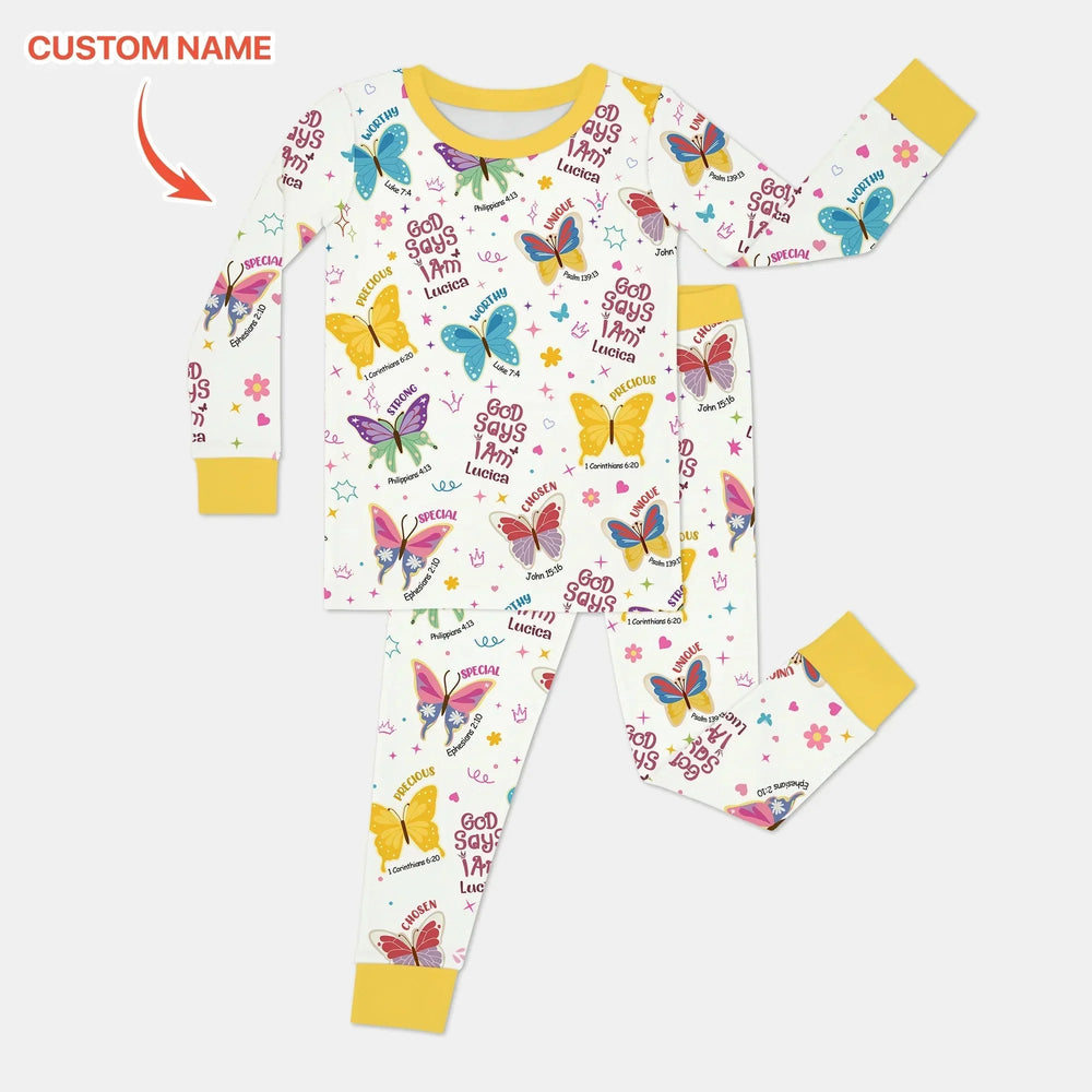 God Says I Am Custom Name Girl Two Piece Long Sleeve Pajama Set , God Says I Am Custom Name Girl Two Piece Long Sleeve Pajama Set - 12-18M
