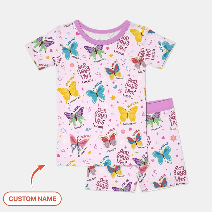 God Says I Am Custom Name Girl Two Piece Short Sleeve Short Pajama Set , God Says I Am Custom Name Girl Two Piece Short Sleeve Short Pajama Set - 12-18M