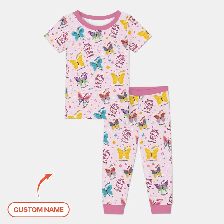 God Says I Am Custom Name GirlTwo Piece Short Sleeve Pajama Set , God Says I Am Custom Name GirlTwo Piece Short Sleeve Pajama Set - 12-18M
