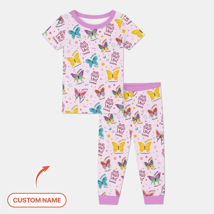 God Says I Am Custom Name GirlTwo Piece Short Sleeve Pajama Set , God Says I Am Custom Name GirlTwo Piece Short Sleeve Pajama Set - 12-18M