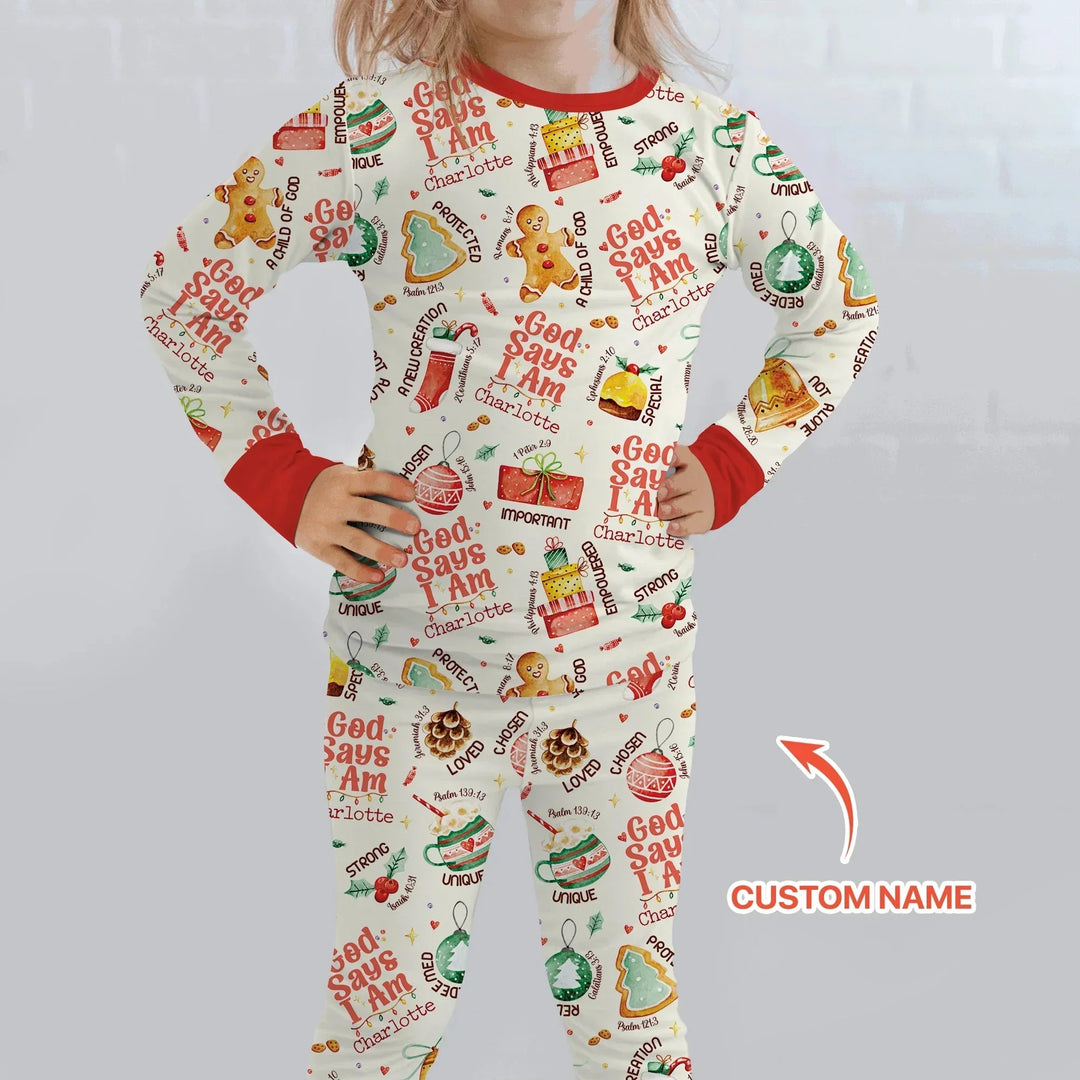 God Says I Am Custom Name Joyful Christmas Two Piece Long Sleeve Pajama Set , God Says I Am Custom Name Joyful Christmas Two Piece Long Sleeve Pajama Set - 12-18M