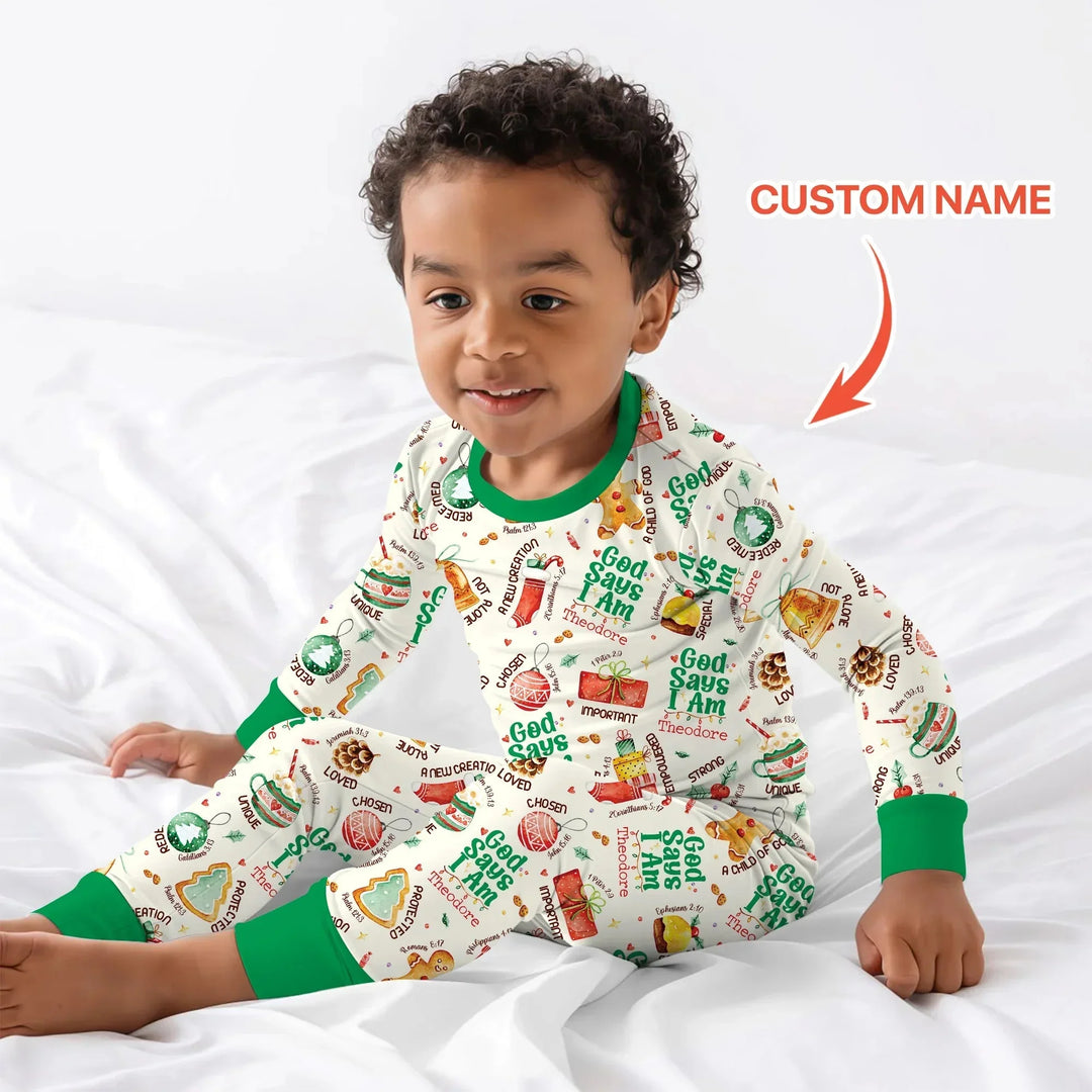 God Says I Am Custom Name Joyful Christmas Two Piece Long Sleeve Pajama Set , God Says I Am Custom Name Joyful Christmas Two Piece Long Sleeve Pajama Set - 12-18M