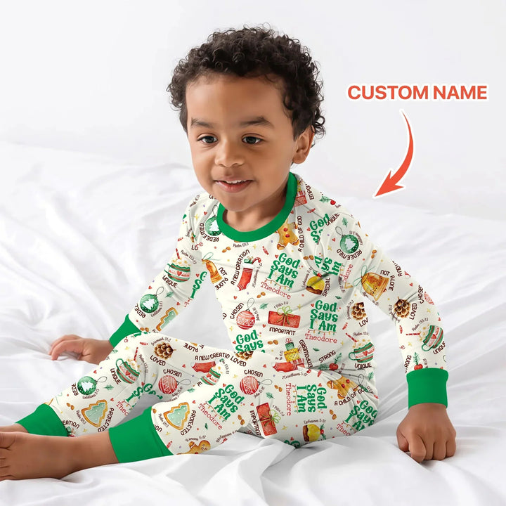 God Says I Am Custom Name Joyful Christmas Two Piece Long Sleeve Pajama Set , God Says I Am Custom Name Joyful Christmas Two Piece Long Sleeve Pajama Set - 12-18M
