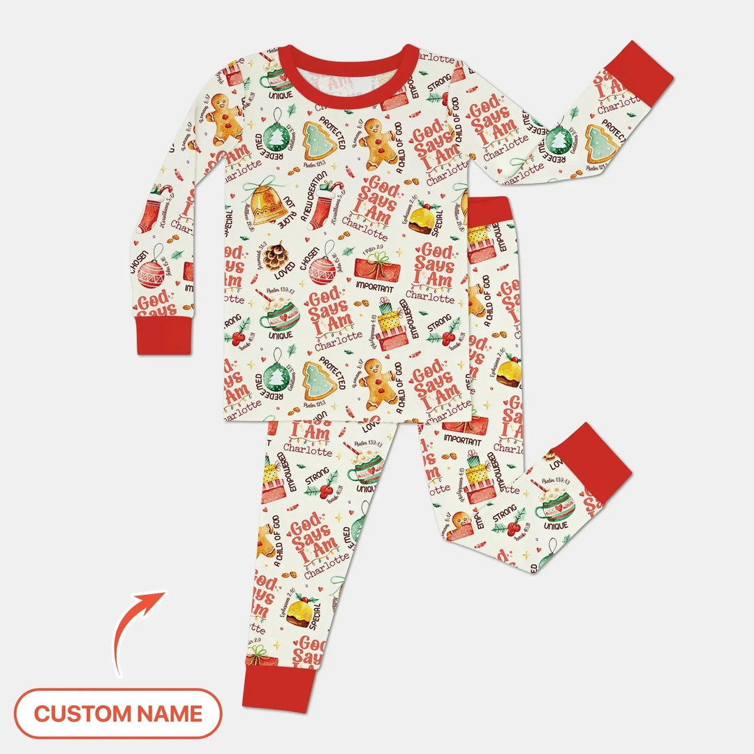 God Says I Am Custom Name Joyful Christmas Two Piece Long Sleeve Pajama Set , God Says I Am Custom Name Joyful Christmas Two Piece Long Sleeve Pajama Set - 12-18M