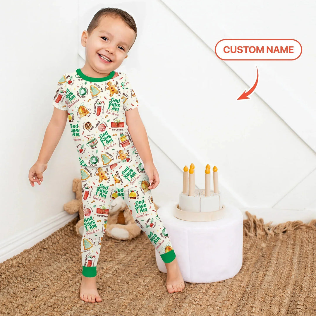 God Says I Am Custom Name Joyful Christmas Two Piece Short Sleeve Pajama Set , God Says I Am Custom Name Joyful Christmas Two Piece Short Sleeve Pajama Set - 12-18M