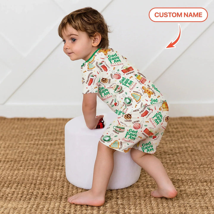 God Says I Am Custom Name Joyful Christmas Two Piece Short Sleeve Shorts Pajama Set , God Says I Am Custom Name Joyful Christmas Two Piece Short Sleeve Shorts Pajama Set - 12-18M