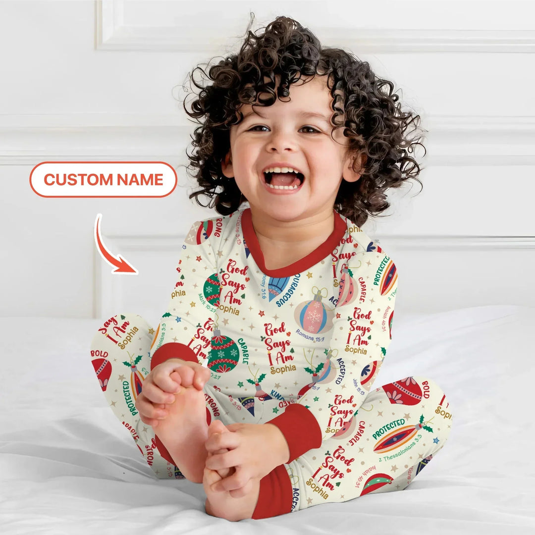 God Says I Am Joyful Christmas Two Piece Long Sleeve Pajama Set , God Says I Am Joyful Christmas Two Piece Long Sleeve Pajama Set - 12-18M