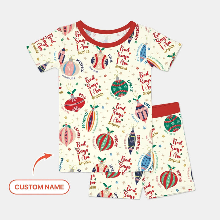 God Says I Am Joyful Christmas Two Piece Short Sleeve Shorts Pajama Set , God Says I Am Joyful Christmas Two Piece Short Sleeve Shorts Pajama Set - 12-18M