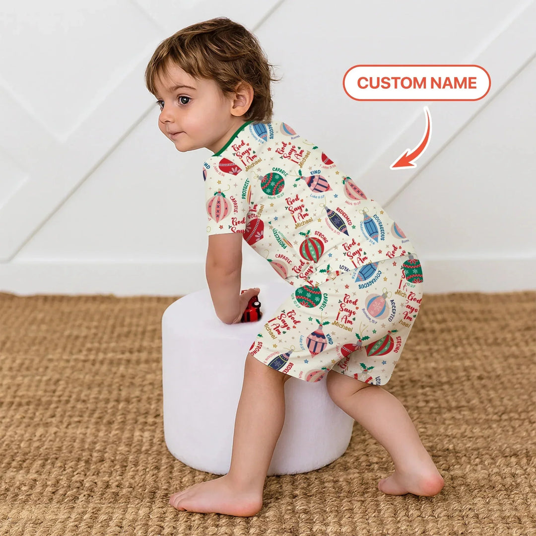 God Says I Am Joyful Christmas Two Piece Short Sleeve Shorts Pajama Set , God Says I Am Joyful Christmas Two Piece Short Sleeve Shorts Pajama Set - 12-18M