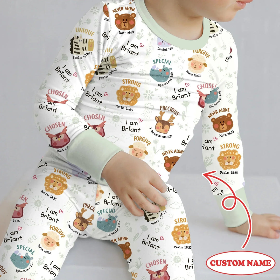God’s Little Zoo Custom Name Two Piece Long Sleeve Pajama Set , God’s Little Zoo Custom Name Two Piece Long Sleeve Pajama Set - 12-18M
