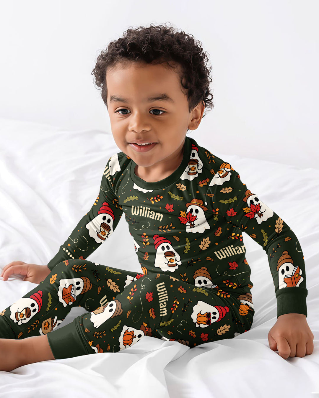 Cute Pumpkin Fall Ghost Boo Bamboo Two Piece Long Sleeve Pajama Set