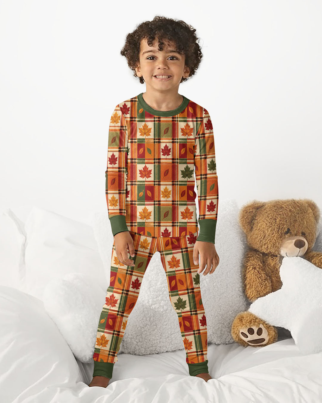 Maple Leaf Fall Vintage Plaid Bamboo Two Piece Long Sleeve Pajama Set
