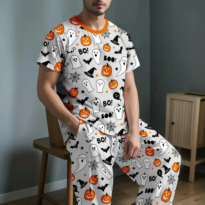 Halloween Boo & Pumpkin Glow In The Dark Men's Pajama Set , Halloween Boo & Pumpkin Glow In The Dark Men's Pajama Set - XS