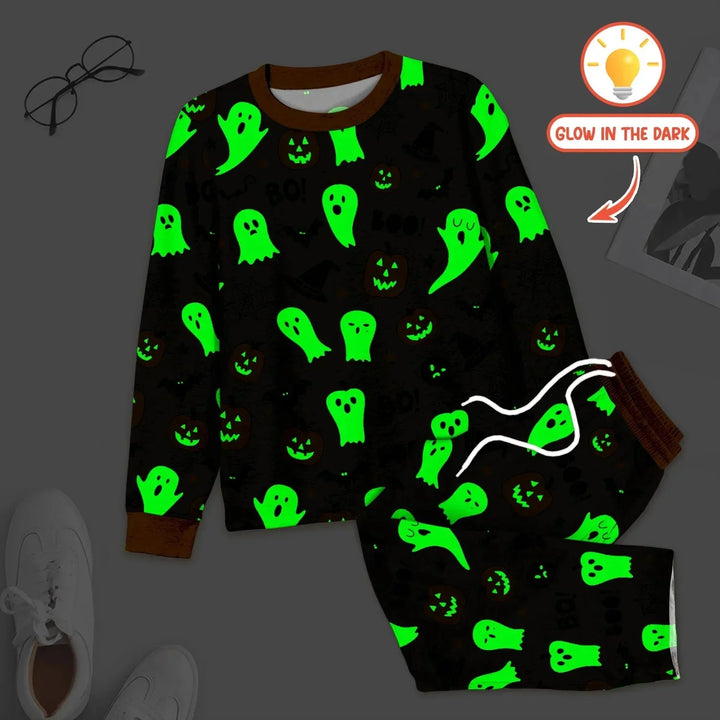 Halloween Boo & Pumpkin Glow In The Dark Men's Pajama Set , Halloween Boo & Pumpkin Glow In The Dark Men's Pajama Set - XS