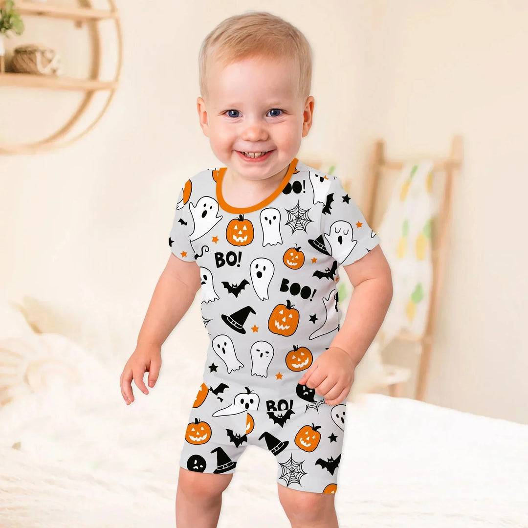 Halloween Boo & Pumpkin Glow In The Dark Two Piece Short Sleeve Shorts Pajama Set , Halloween Boo & Pumpkin Glow In The Dark Two Piece Short Sleeve Shorts Pajama Set - 12-18M