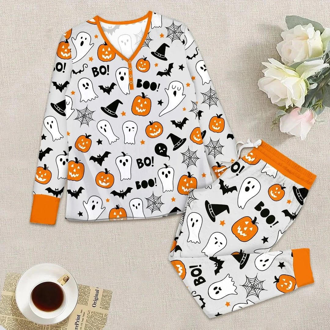 Halloween Boo & Pumpkin Glow In The Dark Women Pajama Set , Halloween Boo & Pumpkin Glow In The Dark Women Pajama Set - S