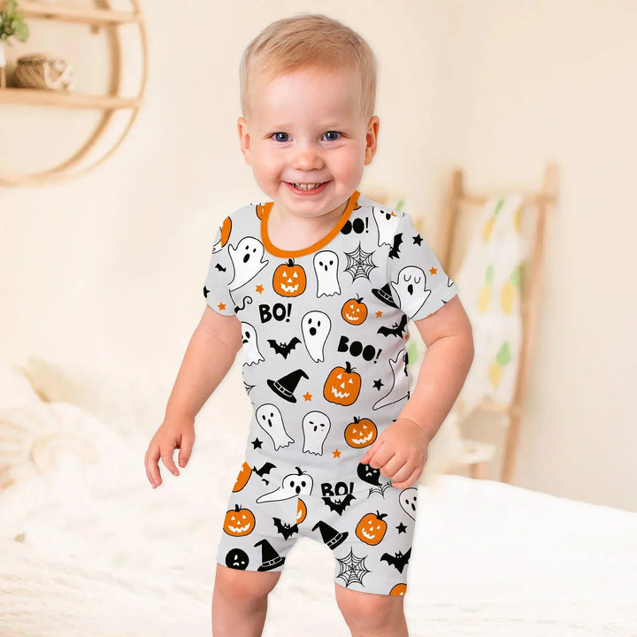 Halloween Boo & Pumpkin Two Piece Short Sleeve Shorts Pajama Set , Halloween Boo & Pumpkin Two Piece Short Sleeve Shorts Pajama Set - 12-18M