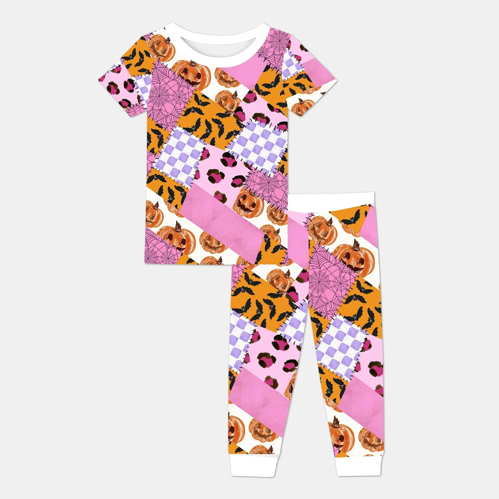 Halloween Patchwork Two Piece Short Sleeve Pajama Set , Halloween Patchwork Two Piece Short Sleeve Pajama Set - 12-18M
