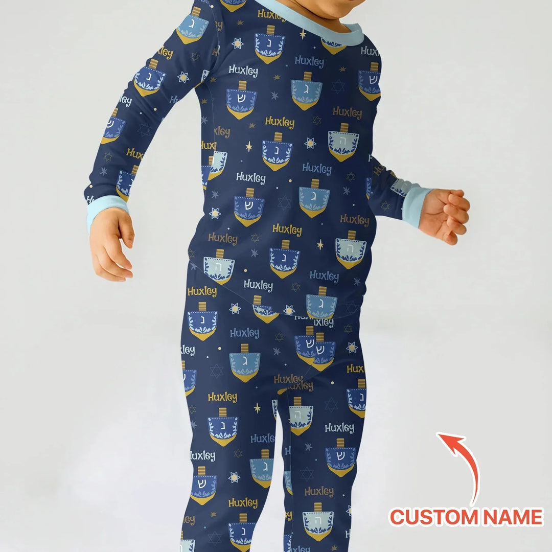 Hanukkah Dreidels Custom Name Two Piece Long Sleeve Pajama Set , Hanukkah Dreidels Custom Name Two Piece Long Sleeve Pajama Set - 12-18M