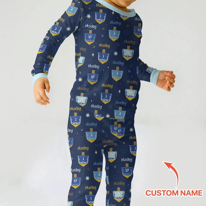 Hanukkah Dreidels Custom Name Two Piece Long Sleeve Pajama Set , Hanukkah Dreidels Custom Name Two Piece Long Sleeve Pajama Set - 12-18M