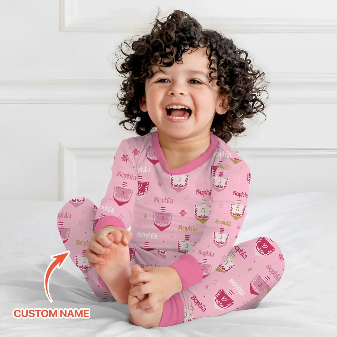 Hanukkah Dreidels Custom Name Two Piece Long Sleeve Pajama Set , Hanukkah Dreidels Custom Name Two Piece Long Sleeve Pajama Set - 12-18M