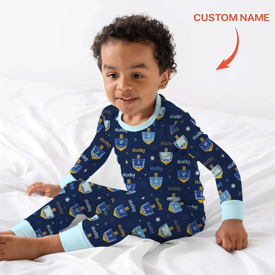 Hanukkah Dreidels Custom Name Two Piece Long Sleeve Pajama Set , Hanukkah Dreidels Custom Name Two Piece Long Sleeve Pajama Set - 12-18M