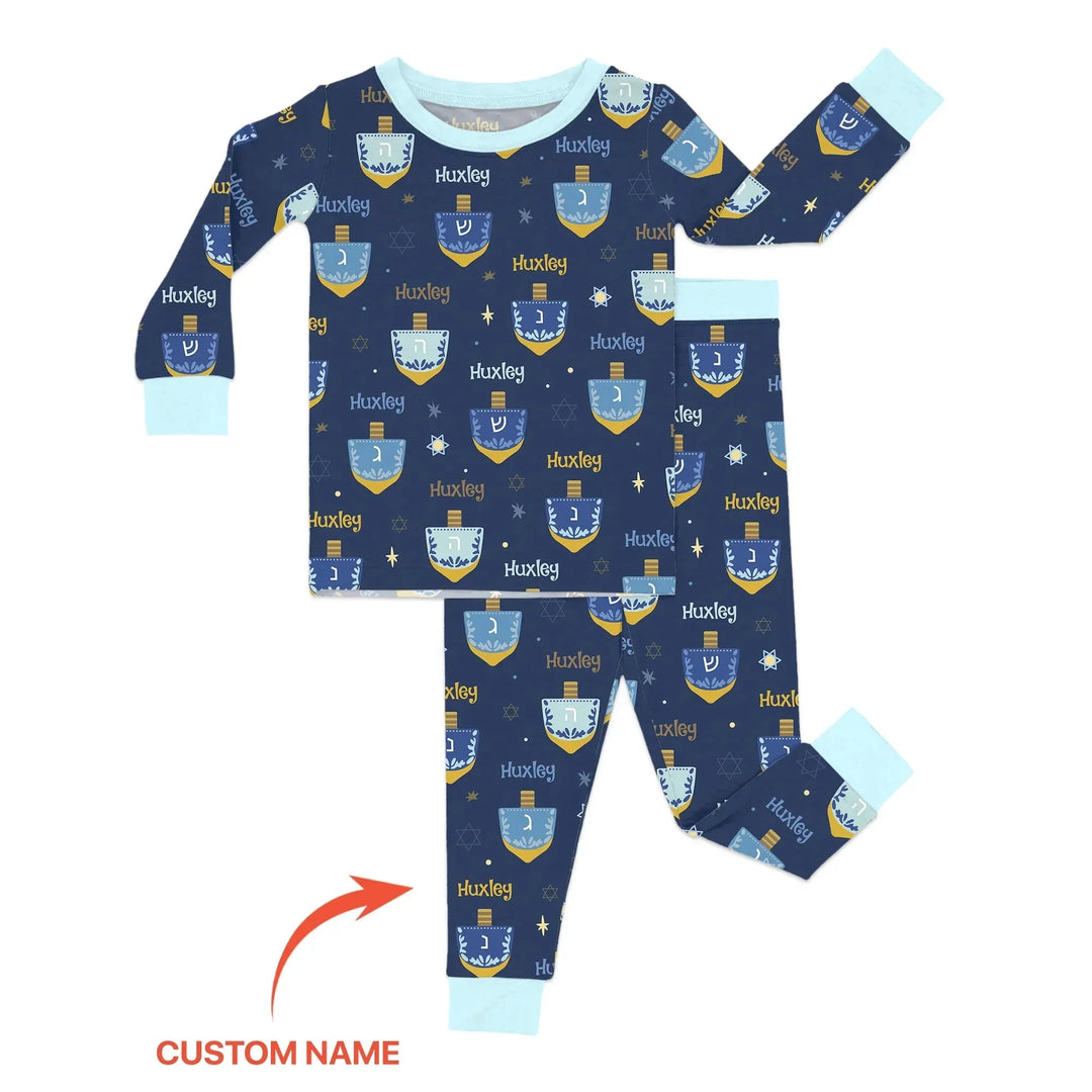 Hanukkah Dreidels Custom Name Two Piece Long Sleeve Pajama Set , Hanukkah Dreidels Custom Name Two Piece Long Sleeve Pajama Set - 12-18M