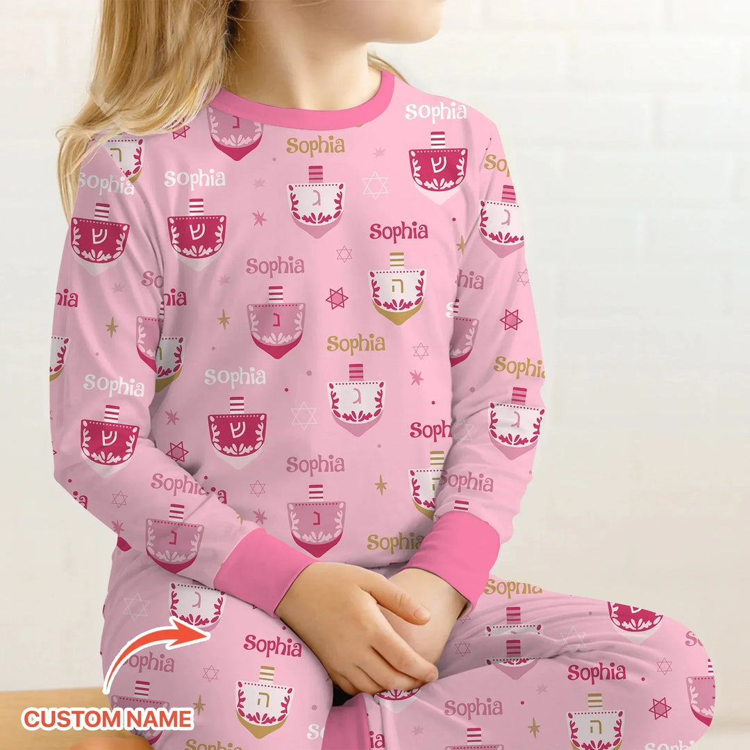Hanukkah Dreidels Custom Name Two Piece Long Sleeve Pajama Set , Hanukkah Dreidels Custom Name Two Piece Long Sleeve Pajama Set - 12-18M