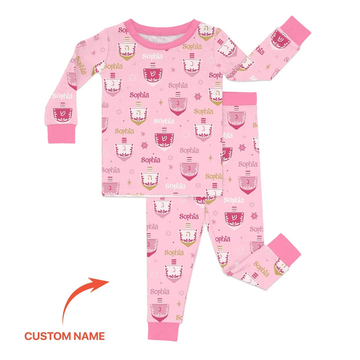 Hanukkah Dreidels Custom Name Two Piece Long Sleeve Pajama Set , Hanukkah Dreidels Custom Name Two Piece Long Sleeve Pajama Set - 12-18M