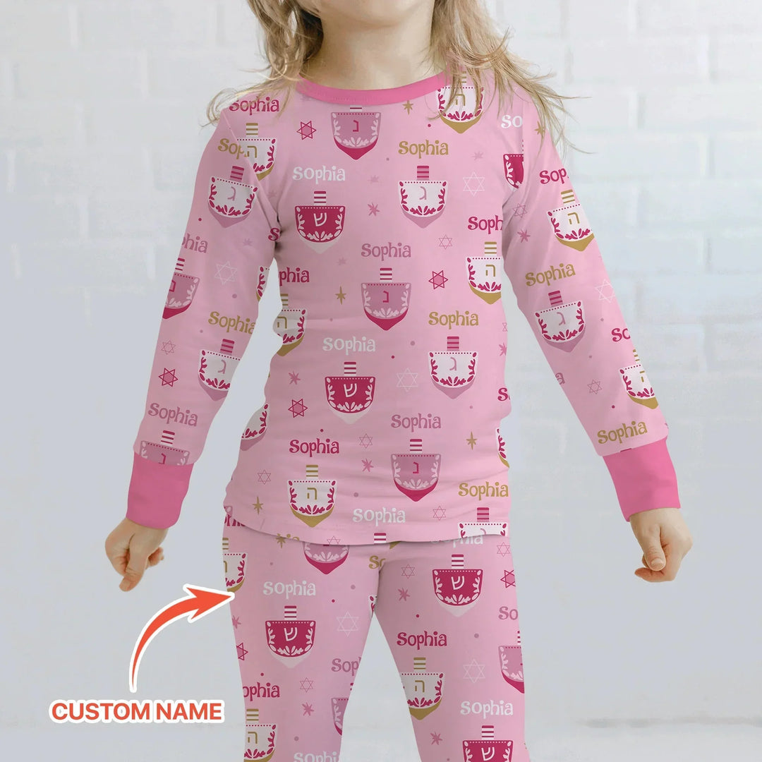 Hanukkah Dreidels Custom Name Two Piece Long Sleeve Pajama Set , Hanukkah Dreidels Custom Name Two Piece Long Sleeve Pajama Set - 12-18M