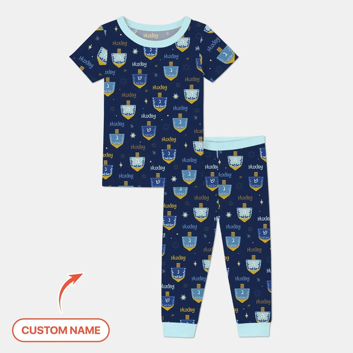 Hanukkah Dreidels Two Piece Short Sleeve Pajama Set , Hanukkah Dreidels Two Piece Short Sleeve Pajama Set - 12-18M