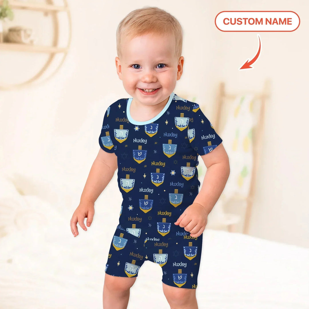 Hanukkah Dreidels Two Piece Short Sleeve Shorts Pajama Set , Hanukkah Dreidels Two Piece Short Sleeve Shorts Pajama Set - 12-18M