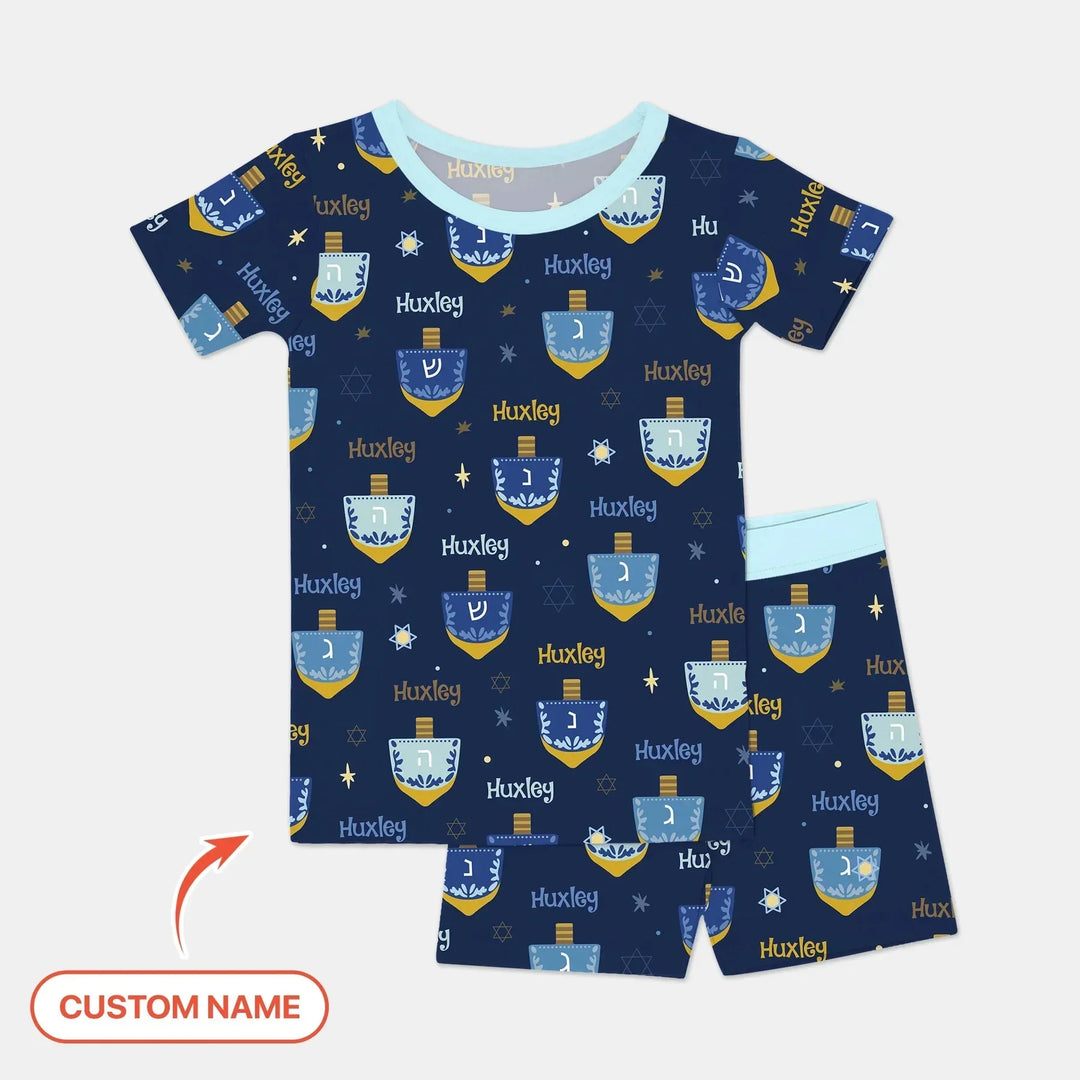 Hanukkah Dreidels Two Piece Short Sleeve Shorts Pajama Set , Hanukkah Dreidels Two Piece Short Sleeve Shorts Pajama Set - 12-18M