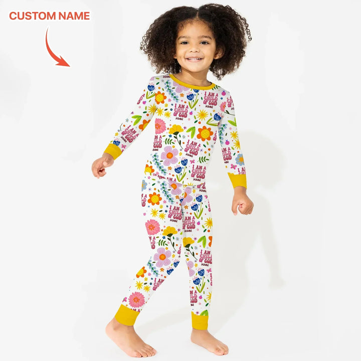 I Am A Child Of God Custom Name Girl Two Piece Long Sleeve Pajama Set , I Am A Child Of God Custom Name Girl Two Piece Long Sleeve Pajama Set - 12-18M