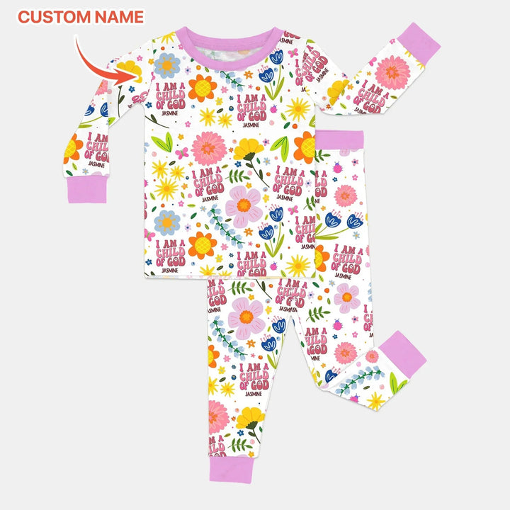 I Am A Child Of God Custom Name Girl Two Piece Long Sleeve Pajama Set , I Am A Child Of God Custom Name Girl Two Piece Long Sleeve Pajama Set - 12-18M