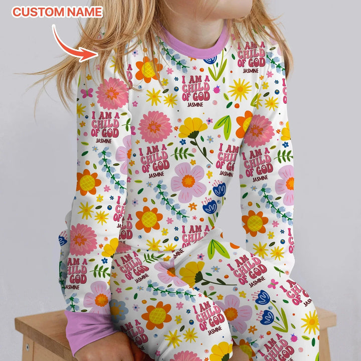 I Am A Child Of God Custom Name Girl Two Piece Long Sleeve Pajama Set , I Am A Child Of God Custom Name Girl Two Piece Long Sleeve Pajama Set - 12-18M