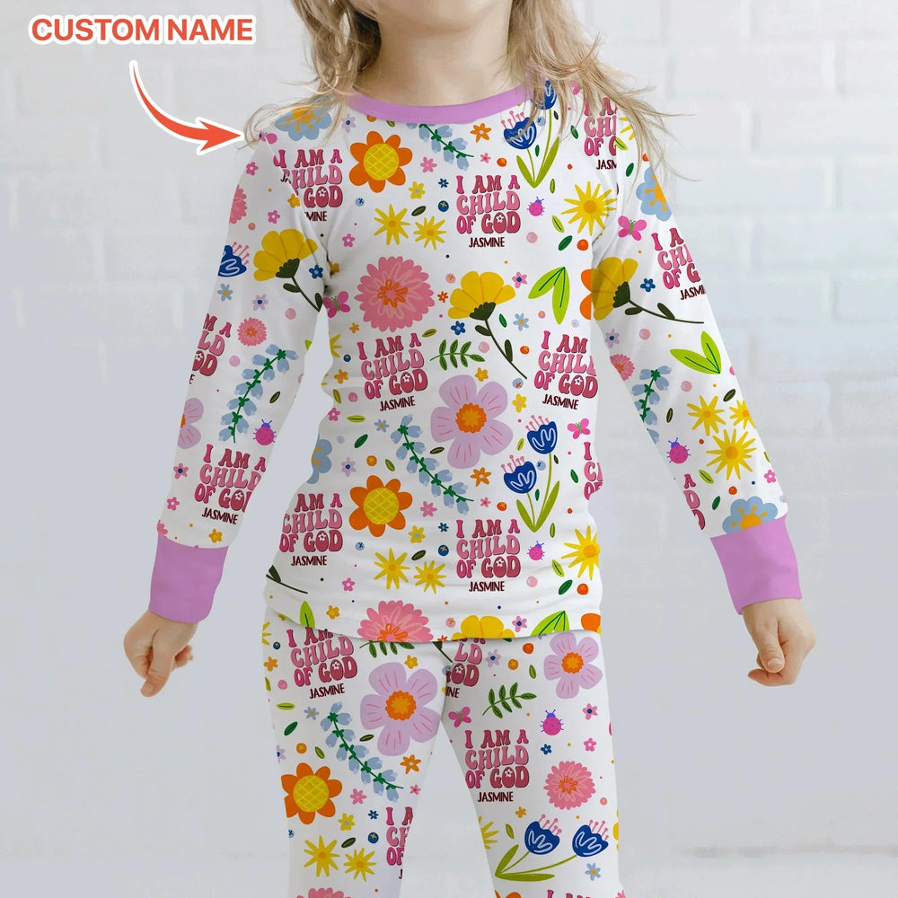 I Am A Child Of God Custom Name Girl Two Piece Long Sleeve Pajama Set , I Am A Child Of God Custom Name Girl Two Piece Long Sleeve Pajama Set - 12-18M