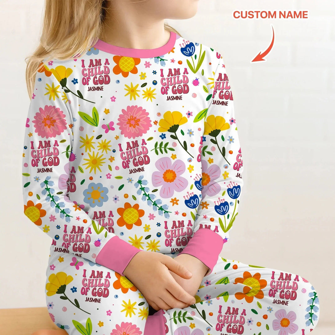 I Am A Child Of God Custom Name Girl Two Piece Long Sleeve Pajama Set , I Am A Child Of God Custom Name Girl Two Piece Long Sleeve Pajama Set - 12-18M