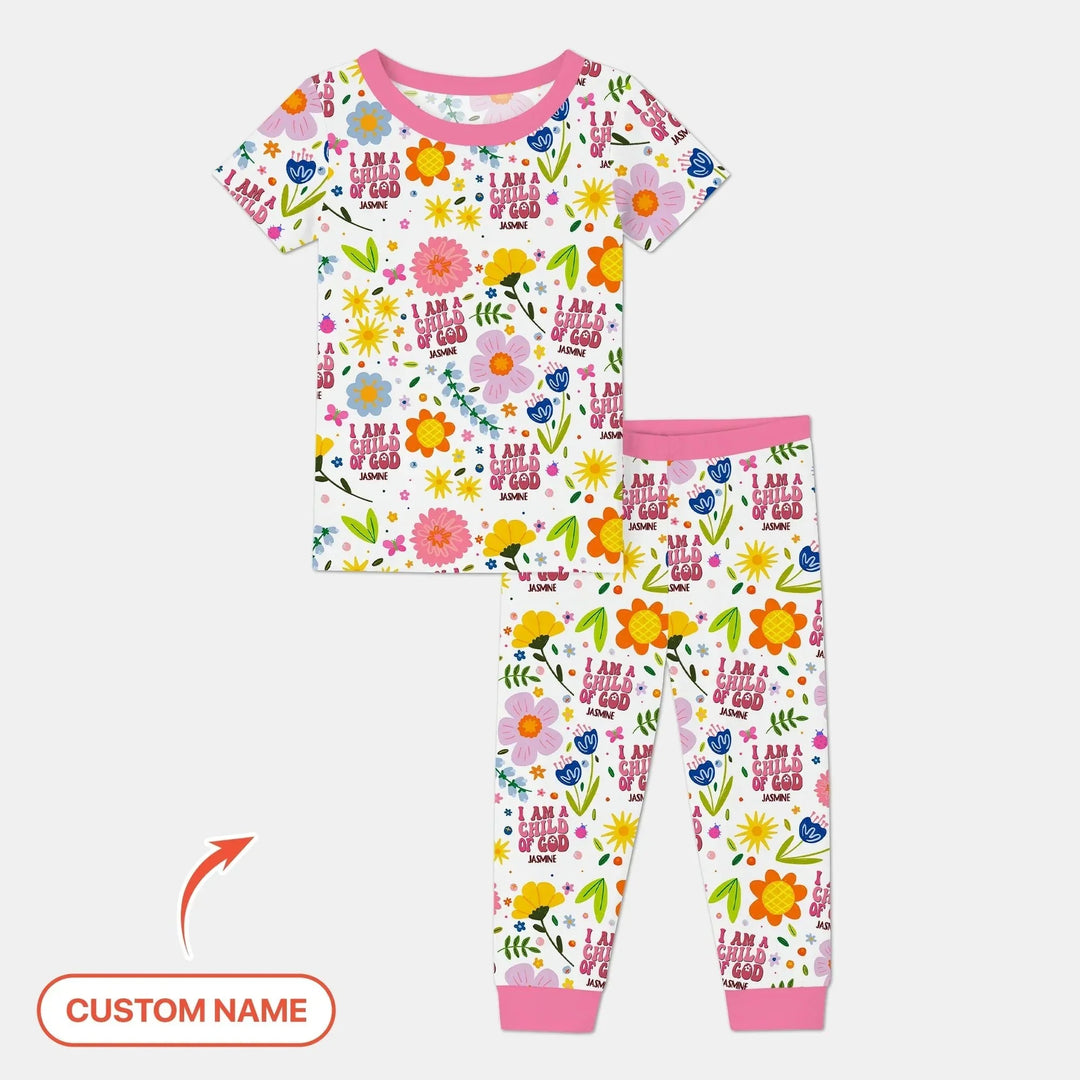 I Am A Child Of God Custom Name Girl Two Piece Short Sleeve Pajama Set , I Am A Child Of God Custom Name Girl Two Piece Short Sleeve Pajama Set - 12-18M