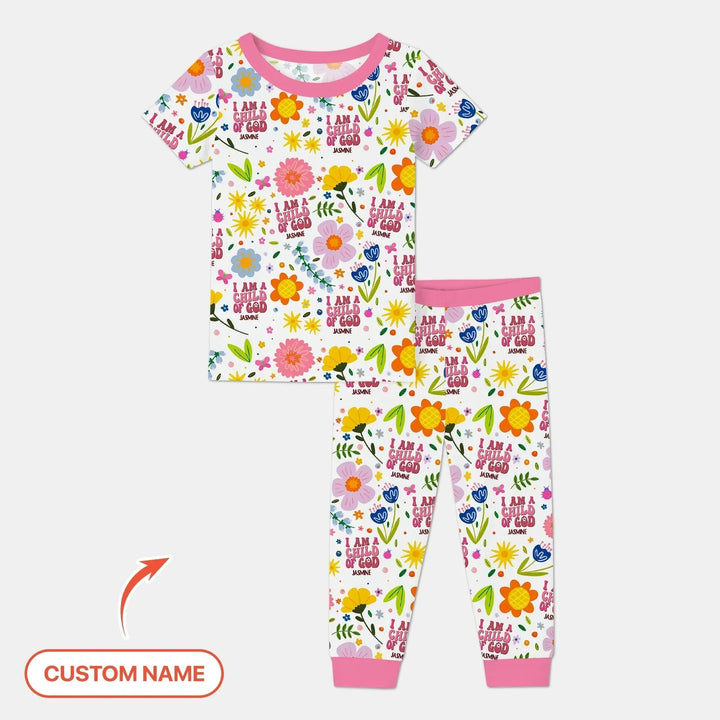 I Am A Child Of God Custom Name Girl Two Piece Short Sleeve Pajama Set , I Am A Child Of God Custom Name Girl Two Piece Short Sleeve Pajama Set - 12-18M