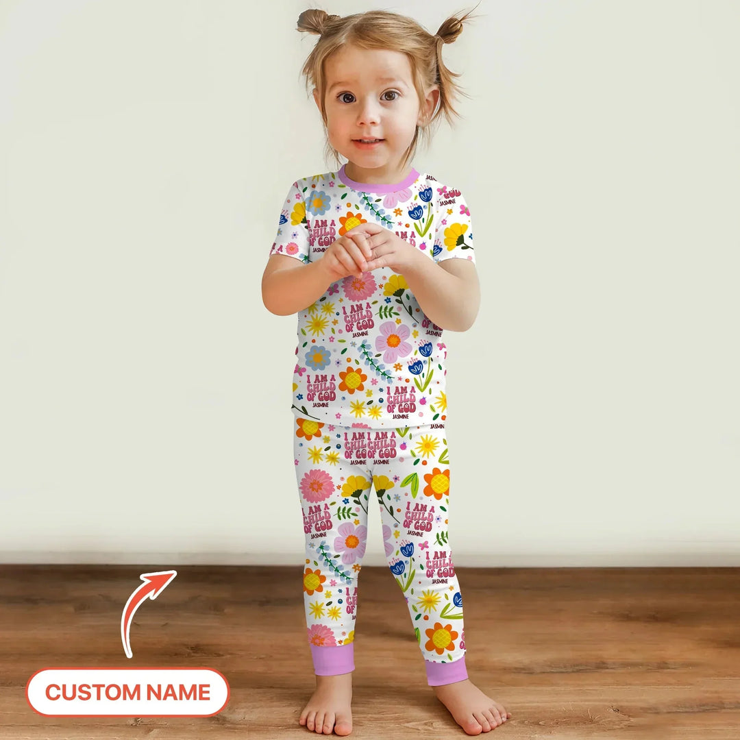 I Am A Child Of God Custom Name Girl Two Piece Short Sleeve Pajama Set , I Am A Child Of God Custom Name Girl Two Piece Short Sleeve Pajama Set - 12-18M