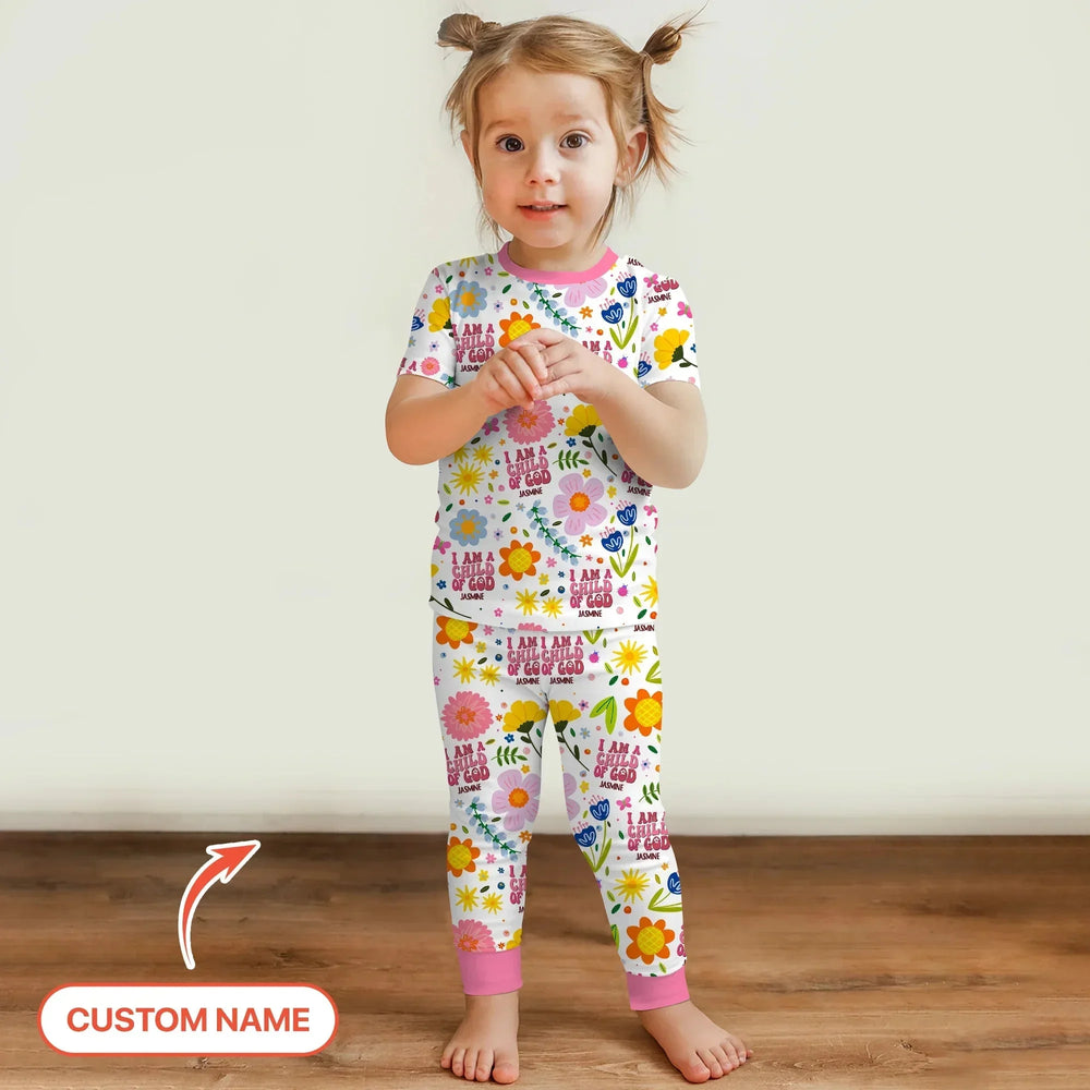 I Am A Child Of God Custom Name Girl Two Piece Short Sleeve Pajama Set , I Am A Child Of God Custom Name Girl Two Piece Short Sleeve Pajama Set - 12-18M