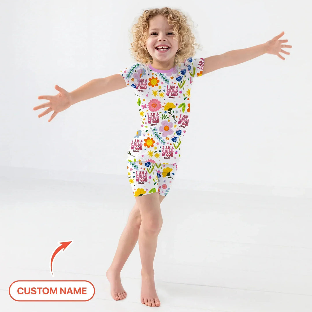 I Am A Child Of God Custom Name Girl Two Piece Short Sleeve Shorts Pajama Set , I Am A Child Of God Custom Name Girl Two Piece Short Sleeve Shorts Pajama Set - 12-18M