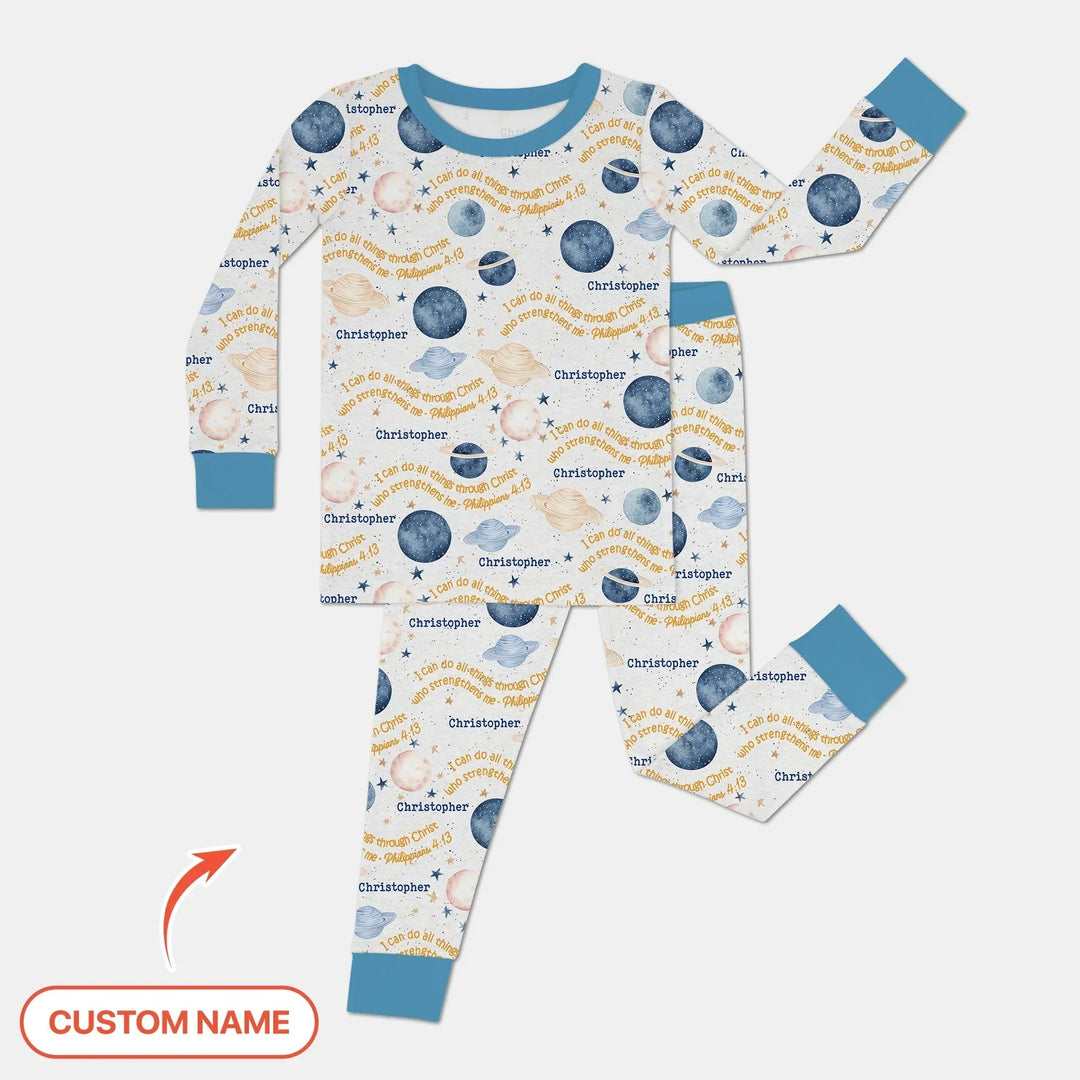 I Can Do All Things Through Christ Custom Name Two Piece Long Sleeve Pajama Set , I Can Do All Things Through Christ Custom Name Two Piece Long Sleeve Pajama Set - 12-18M