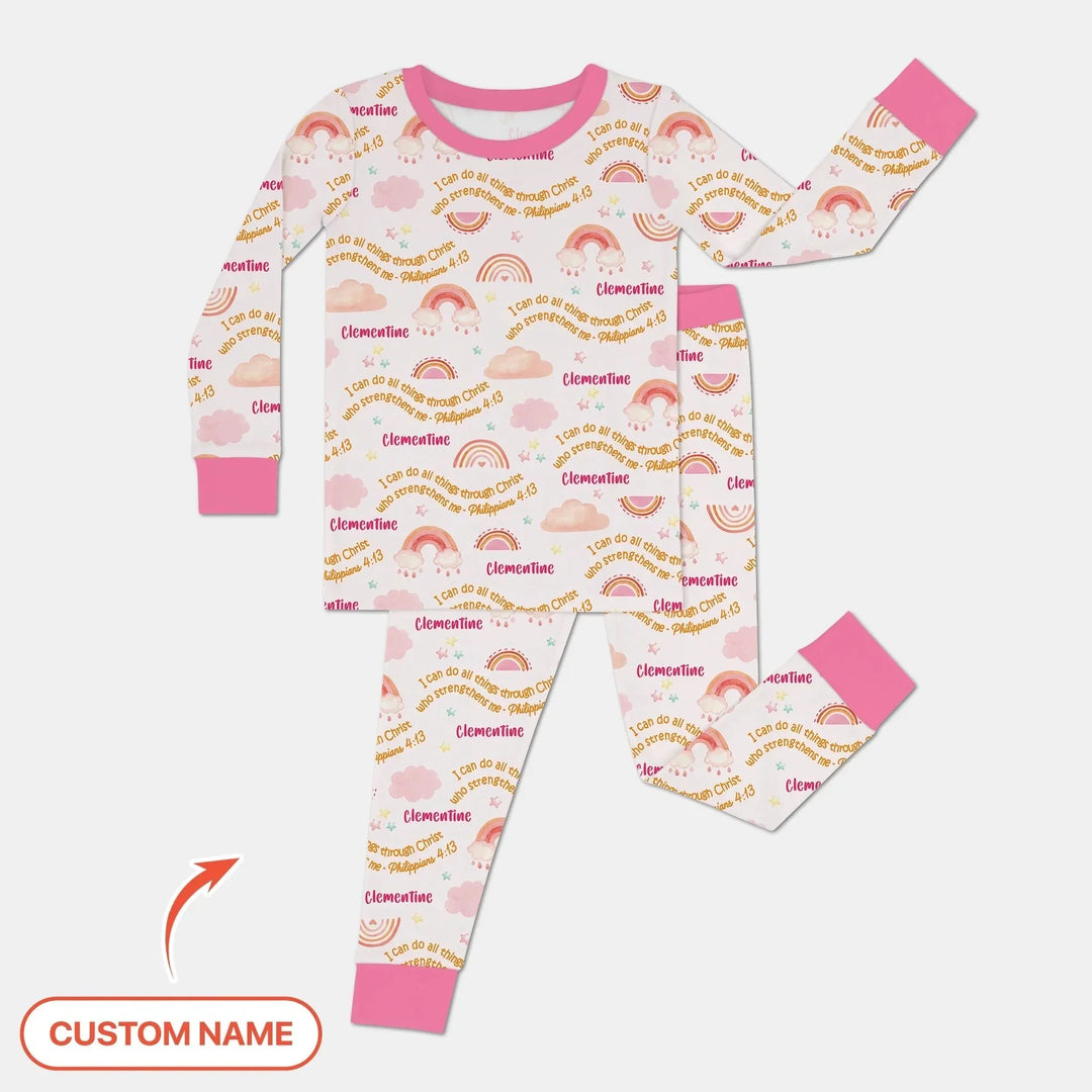 I Can Do All Things Through Christ Custom Name Two Piece Long Sleeve Pajama Set , I Can Do All Things Through Christ Custom Name Two Piece Long Sleeve Pajama Set - 12-18M
