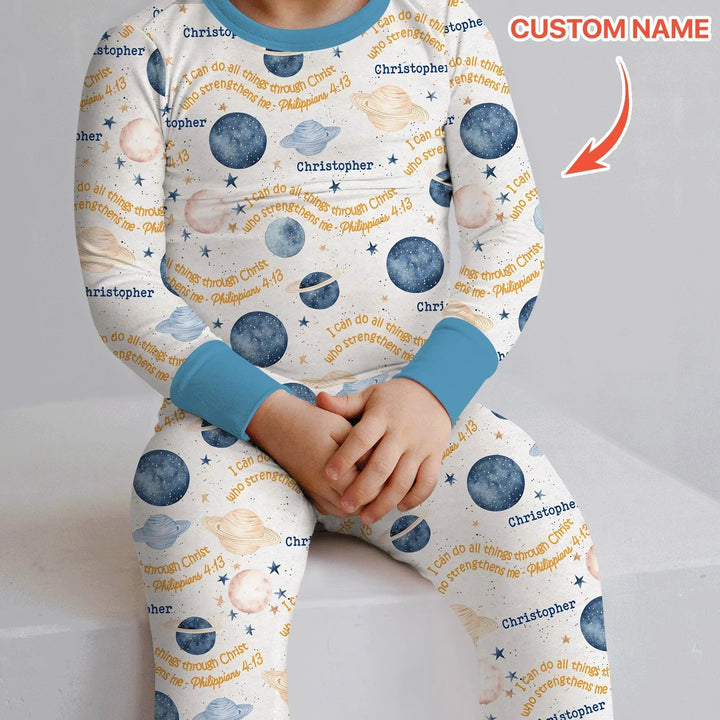 I Can Do All Things Through Christ Custom Name Two Piece Long Sleeve Pajama Set , I Can Do All Things Through Christ Custom Name Two Piece Long Sleeve Pajama Set - 12-18M