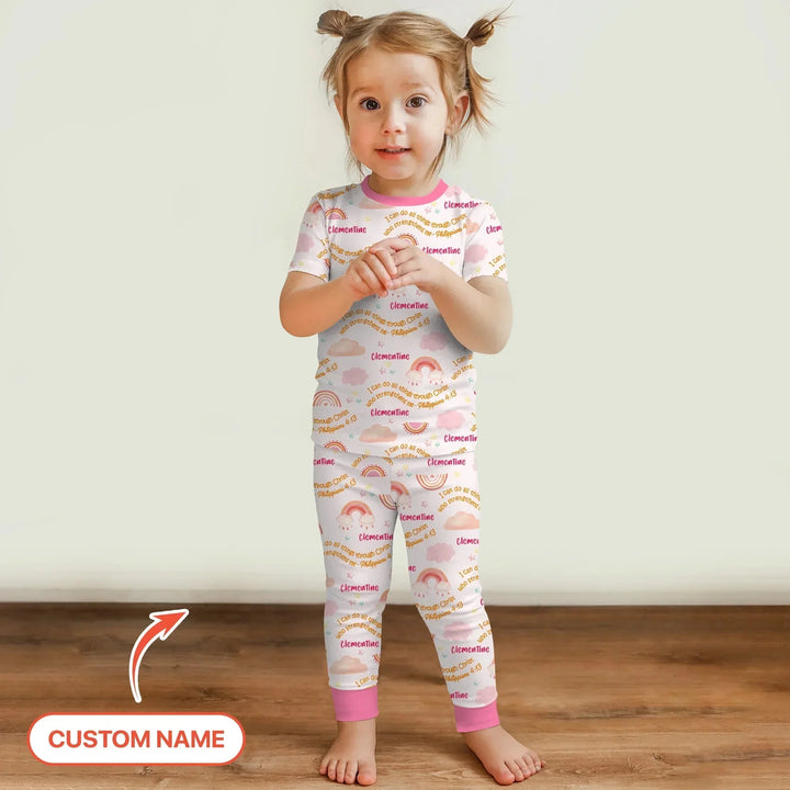 I Can Do All Things Through Christ Custom Name Two Piece Short Sleeve Pajama Set , I Can Do All Things Through Christ Custom Name Two Piece Short Sleeve Pajama Set - 12-18M