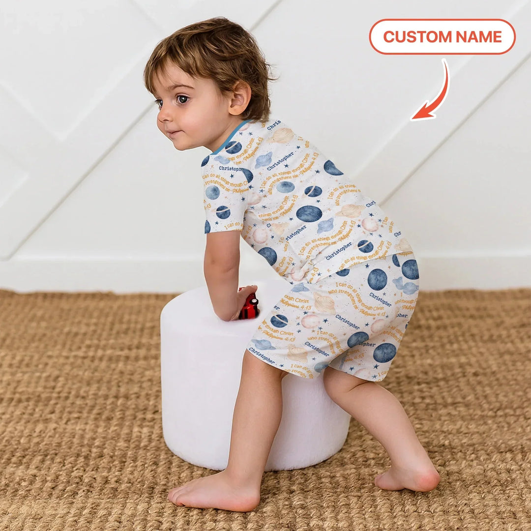 I Can Do All Things Through Christ Custom Name Two Piece Short Sleeve Shorts Pajama Set , I Can Do All Things Through Christ Custom Name Two Piece Short Sleeve Shorts Pajama Set - 12-18M