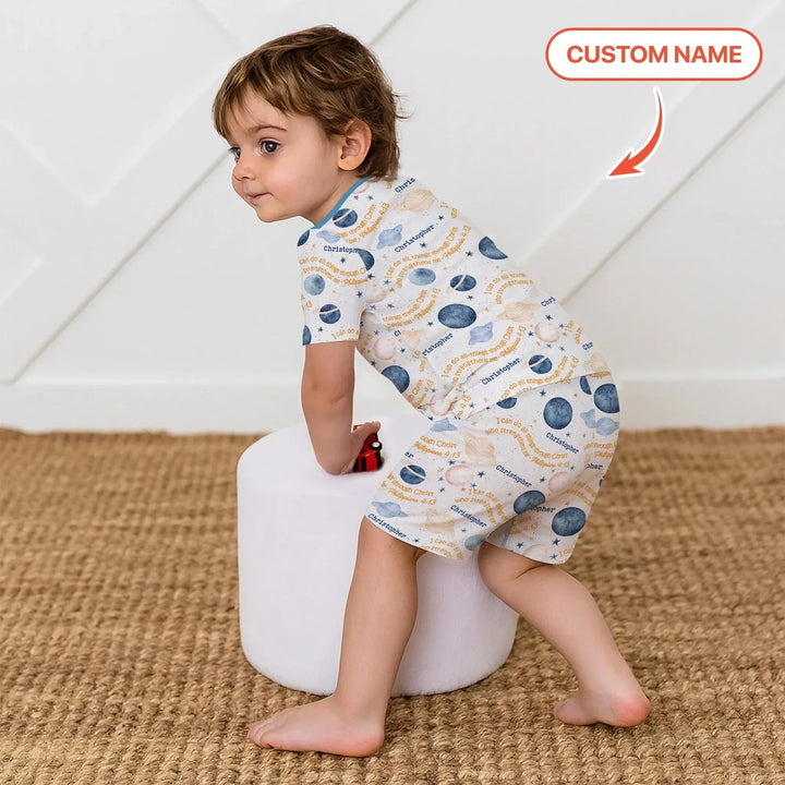 I Can Do All Things Through Christ Custom Name Two Piece Short Sleeve Shorts Pajama Set , I Can Do All Things Through Christ Custom Name Two Piece Short Sleeve Shorts Pajama Set - 12-18M